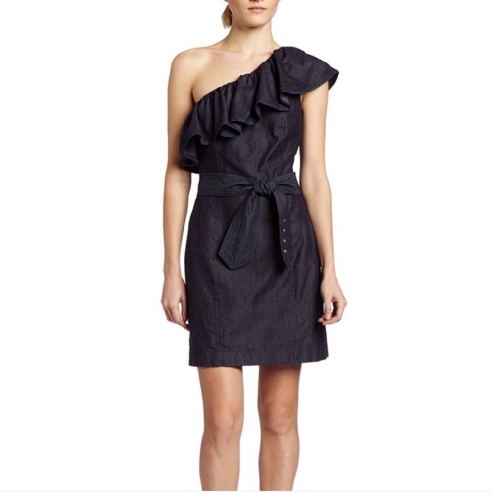 Trina Turk Denim One Shoulder Ruffle Dress